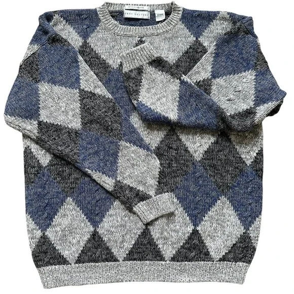 VTG HENRY GRETHEL Sweater Argyle Gray Blue XL Y2K 90s Handframe Knit Abstract - Picture 2 of 12